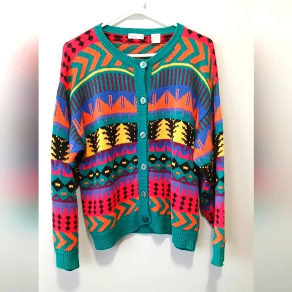 Vintage Laureen E Ong Button Down Sweater Womens Medium Cottagecore Tribal Cozy - Picture 1 of 7